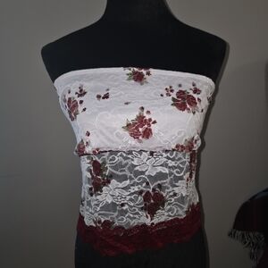 Urban Renewal Lace Tube Top with Red and White Floral Design